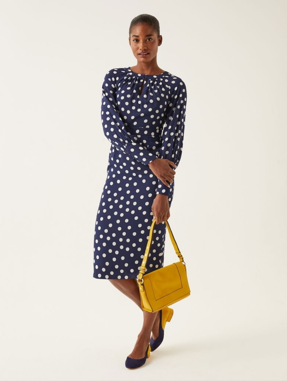 Boden Navy and White Polka Dot Long Sleeve Dress